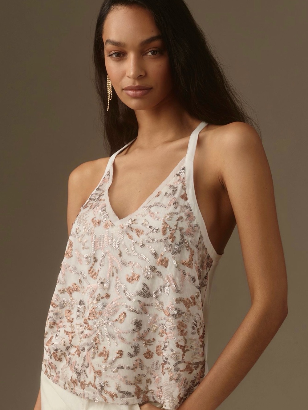 Anthropologie Sequin-Embellished V-Neck Cami in Blush & Rose Gold
